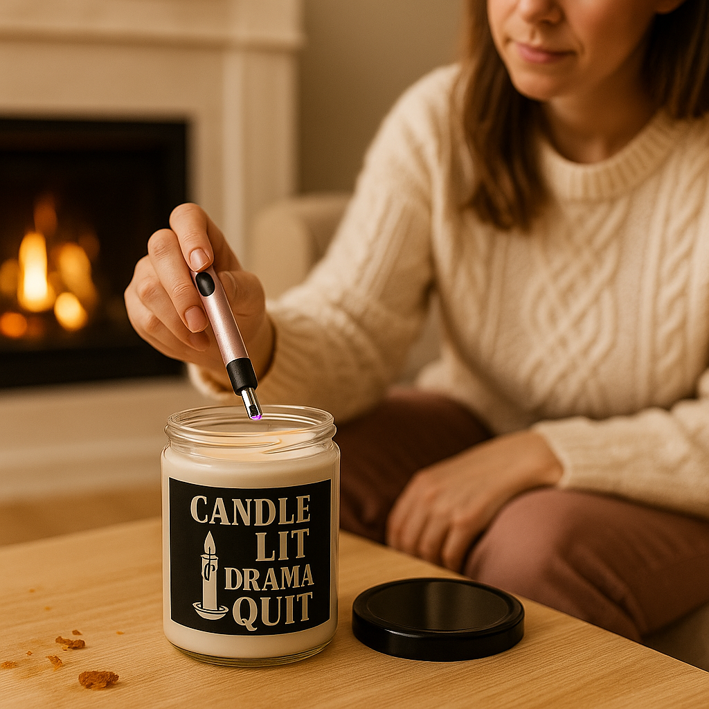 Candle Lit Drama Quit Candle + USB Rechargeable Lighter – Flameless, Bold Gift for Mood Swings & Meltdowns